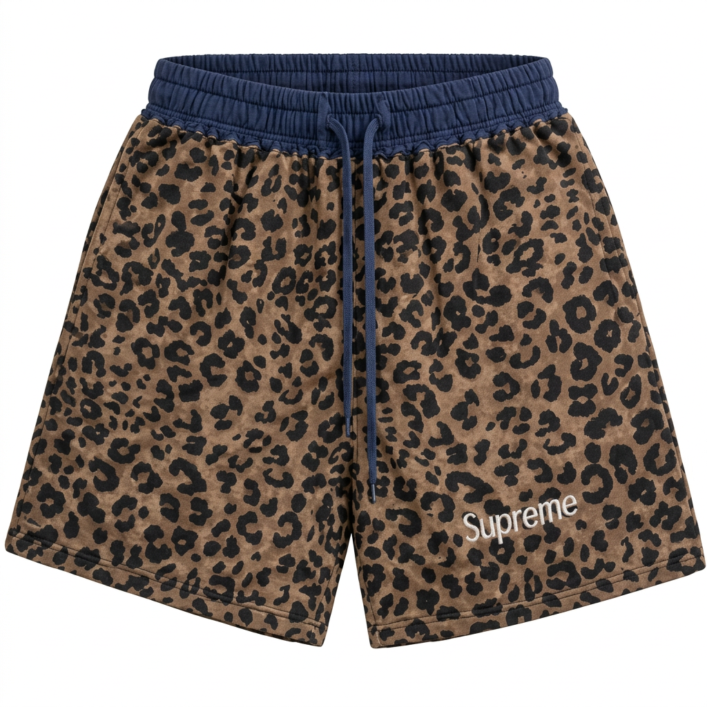 Brown leopard-print shorts with navy elasticated waistband and navy drawstrings