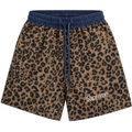 Brown leopard-print shorts with navy elasticated waistband and navy drawstrings