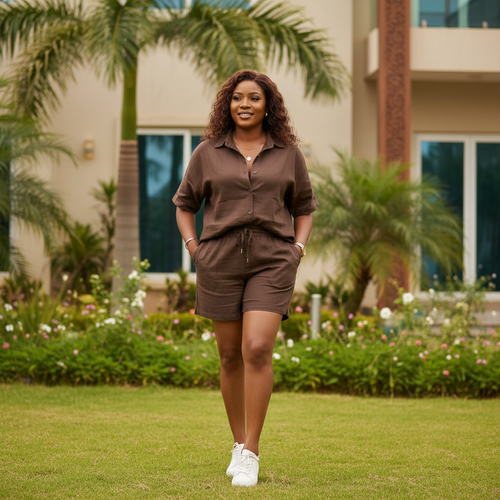 Nigerian female model wearing Unisex Chocolate Brown Linen-Look Shirt & Shorts Co-ord Set