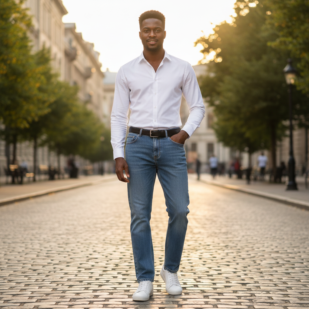 Nigerian model wearing Medium Blue Straight Leg Jeans