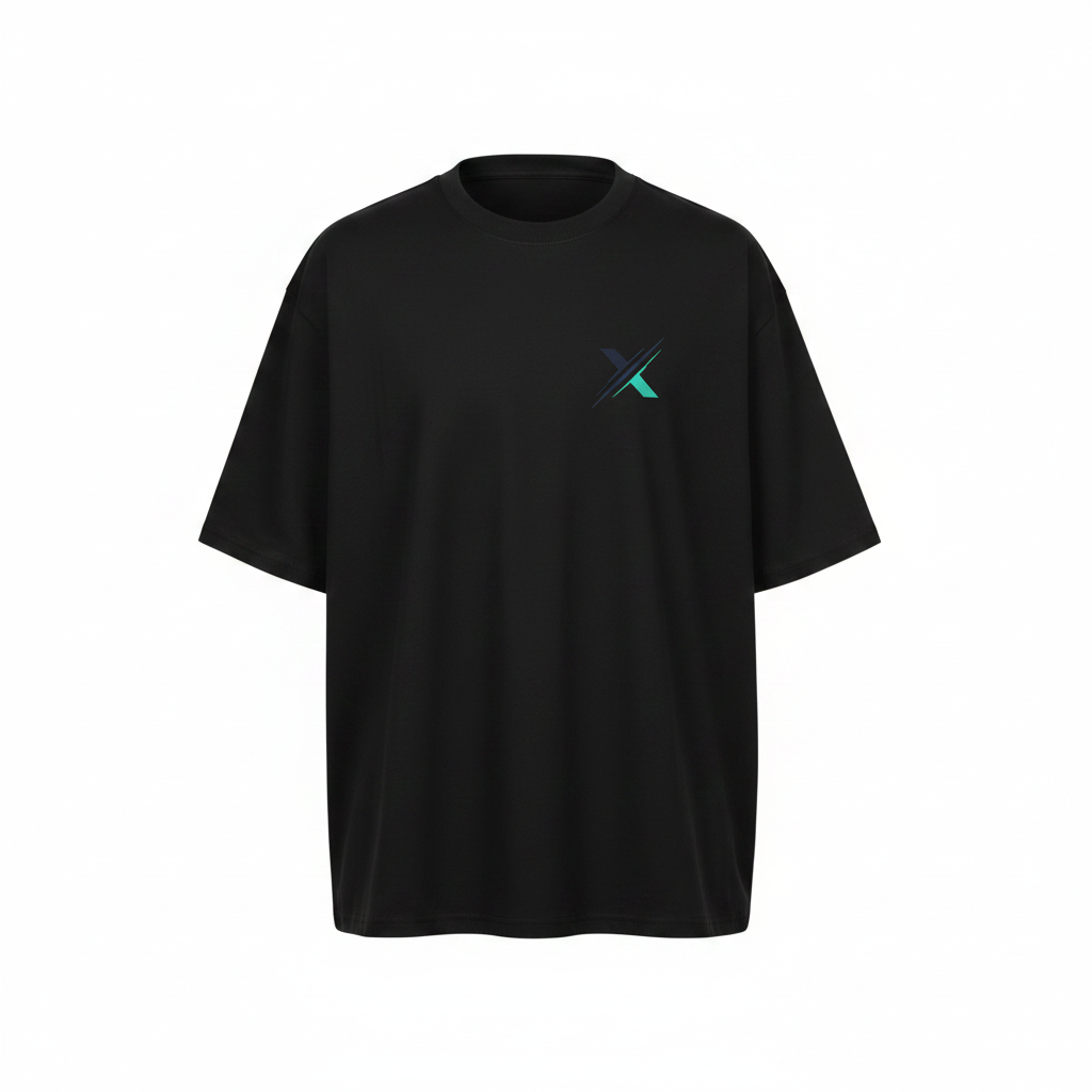 Unisex black geometric X emblem minimal oversized tee – ghost mannequin front view