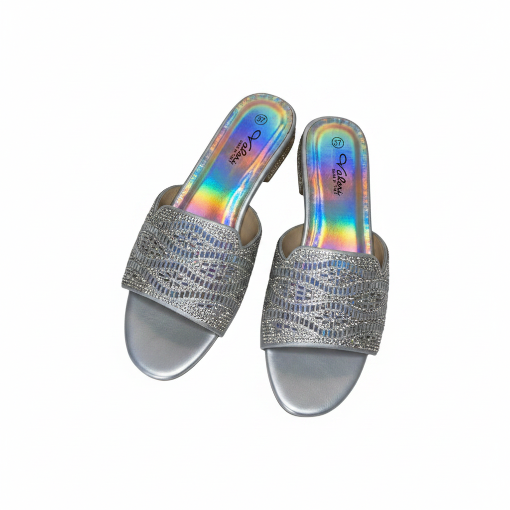Women's Rhinestone Lattice-Cut Flat Slide Slipper - Silver Ghost Mannequin