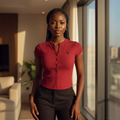 Ribbed Button-Front Cap Sleeve Crop Top – Model Shot Red