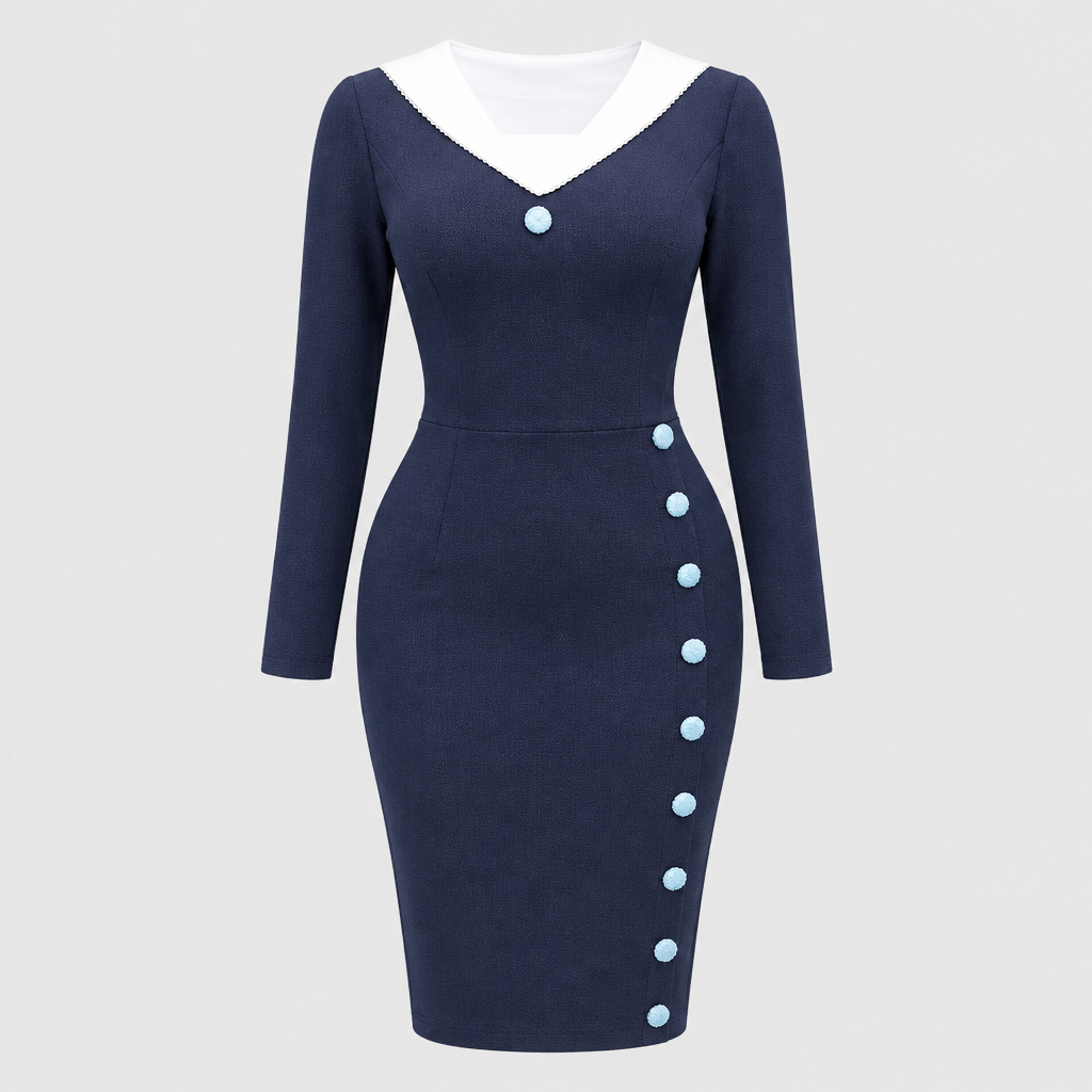 Navy fitted midi dress with pale contrast collar and asymmetric buttons