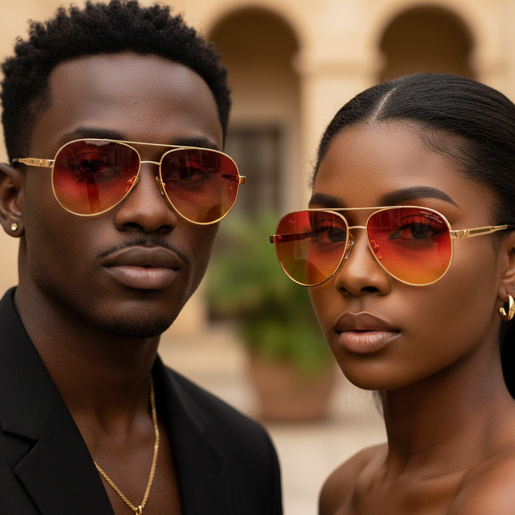 Nigerian male and female models wearing gold double-bridge aviator sunglasses with gradient red amber lens and black temple
