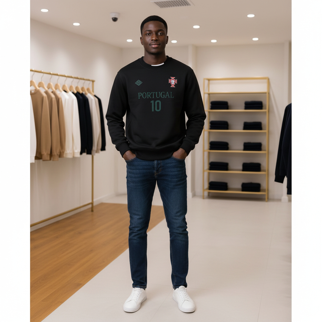 Portugal #10 Black Crew-Neck Sweatshirt – Model Shot