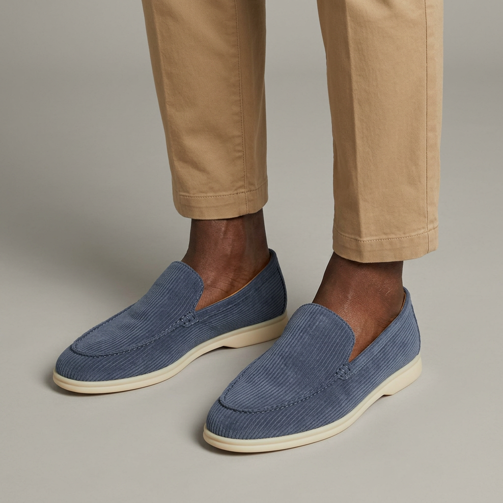 Model wearing blue ribbed slip-on loafers with tan chinos