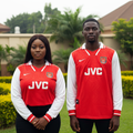 Nigerian female and male models wearing the red and white polo-collar long-sleeve retro football jersey