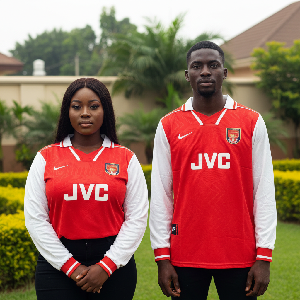 Nigerian female and male models wearing the red and white polo-collar long-sleeve retro football jersey