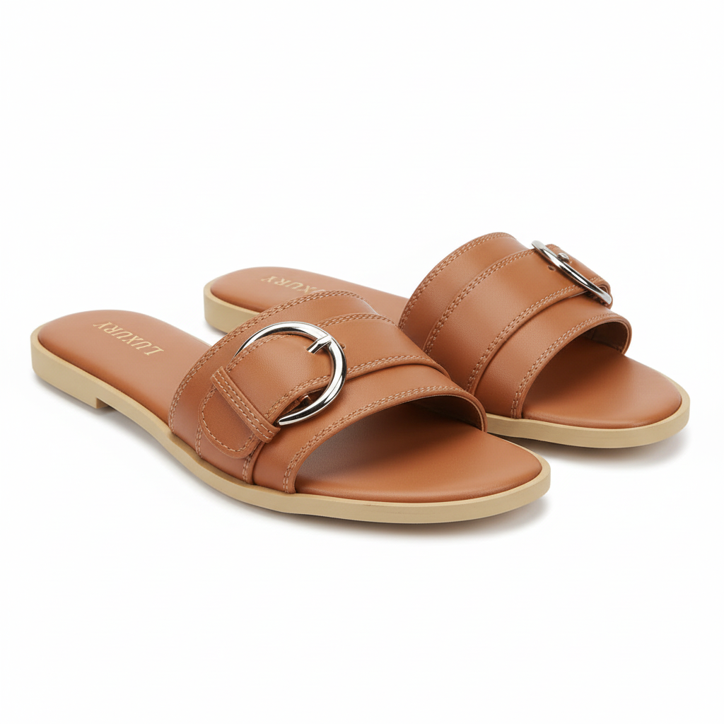 Tan Leather Round Buckle Slide - Ghost Mannequin