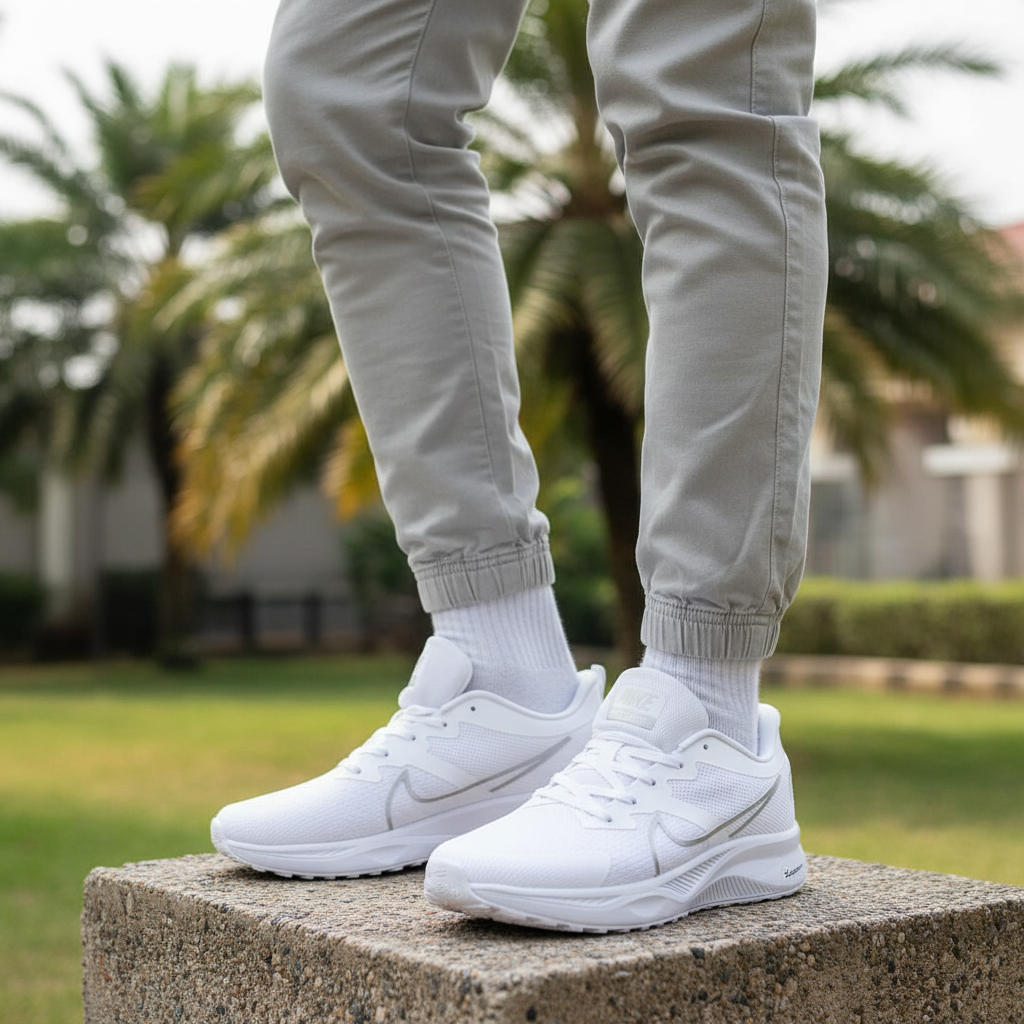 Men's all-white mesh running sneakers leg-focus lifestyle shot Nigerian male model