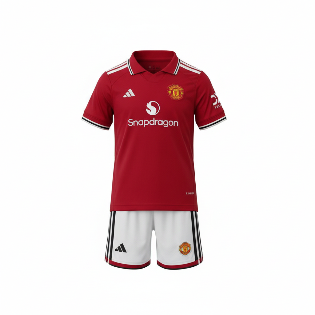 Kids' red & white striped football jersey set – ghost mannequin front view on white background