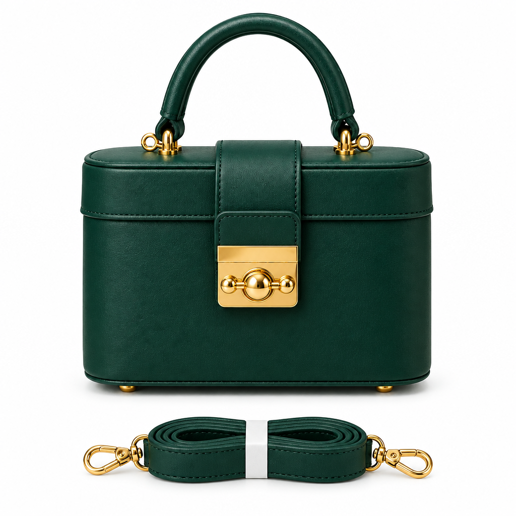 Forest green structured handbag with gold-tone clasp and matching strap on white