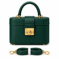 Forest green structured handbag with gold-tone clasp and matching strap on white