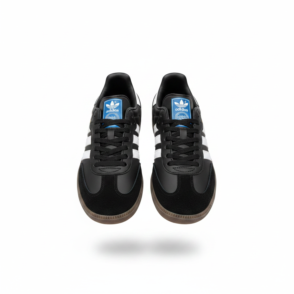 Men's black and white low-top sneakers ghost mannequin front view