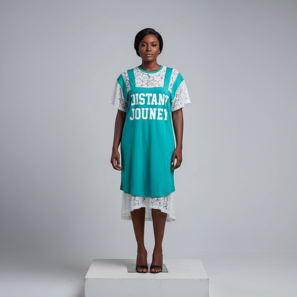Teal Lace Overlay Slogan Mini Dress - Model Front View