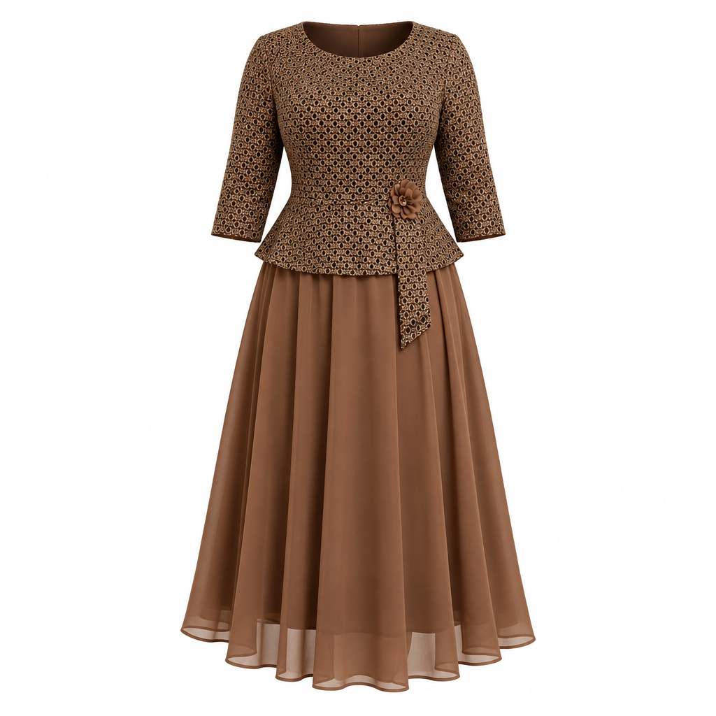 Brown patterned peplum occasion dress on white background