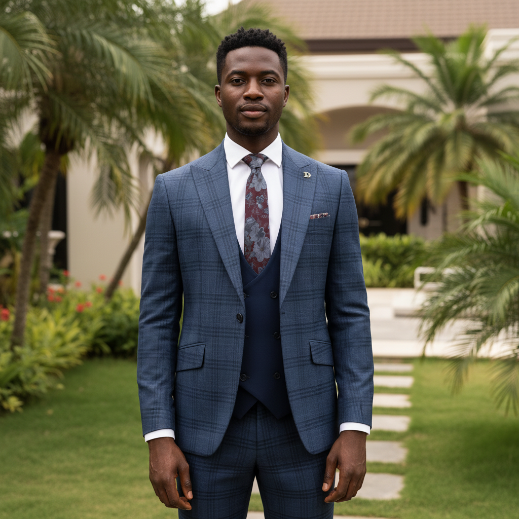 Nigerian male model wearing navy blue glen plaid three-piece suit