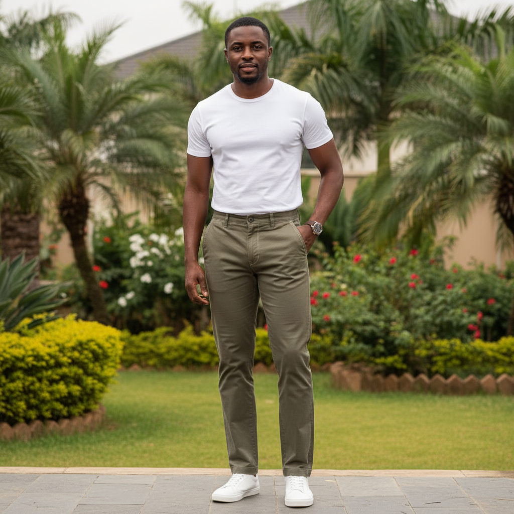 Nigerian male model wearing men's army green chinos trousers