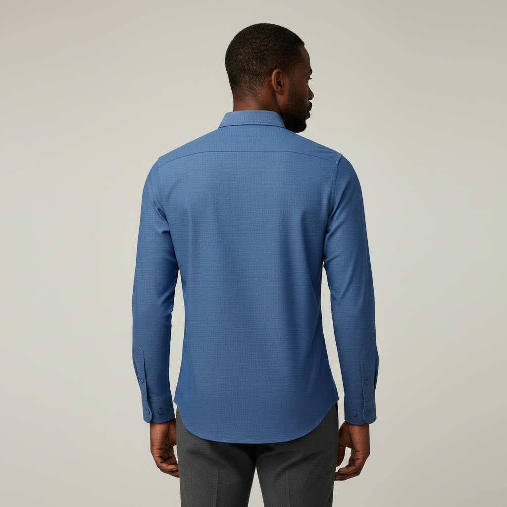 Nigerian adult male model wearing Medium Blue Long Sleeve Shirt – Back View