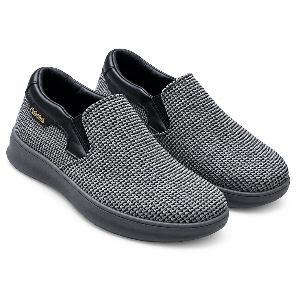 Grey woven knit leather-collar slip-on sneakers pair