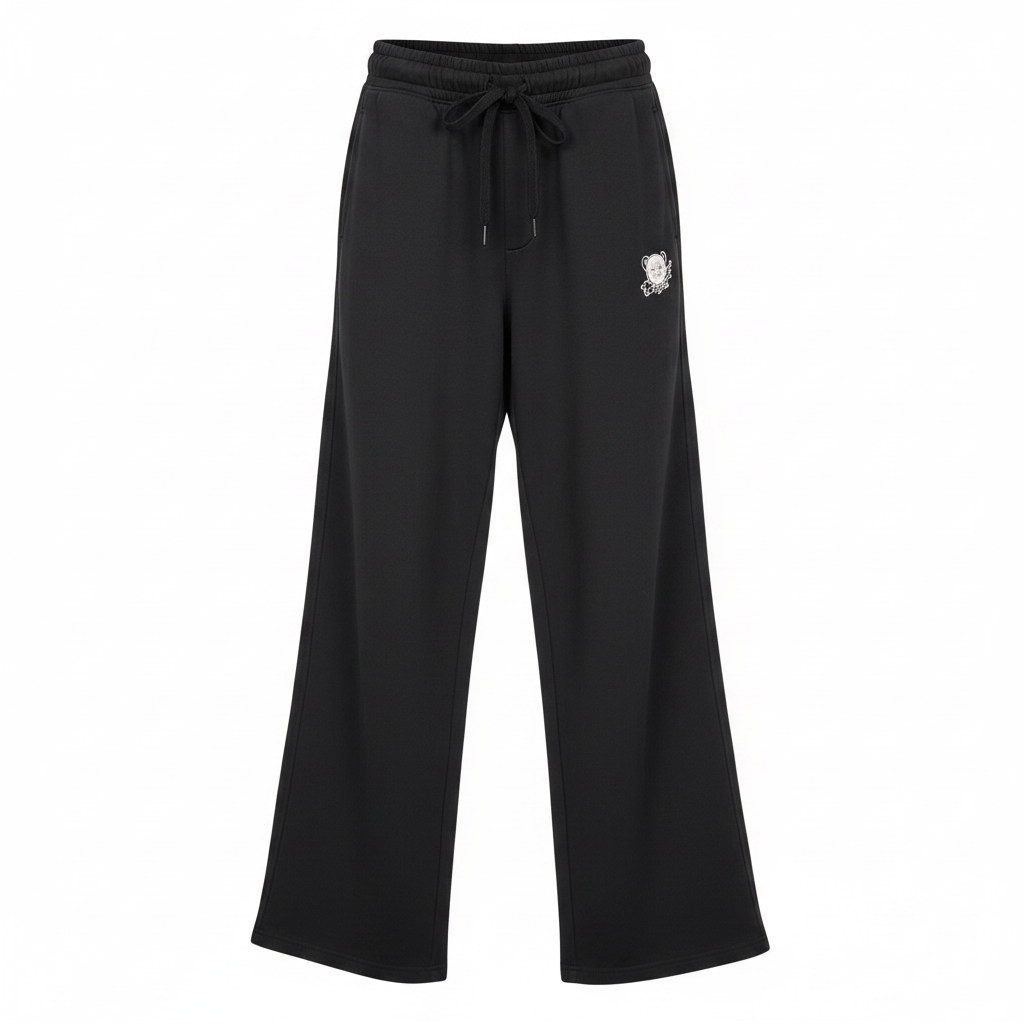 Black wide-leg joggers on ghost mannequin, white background