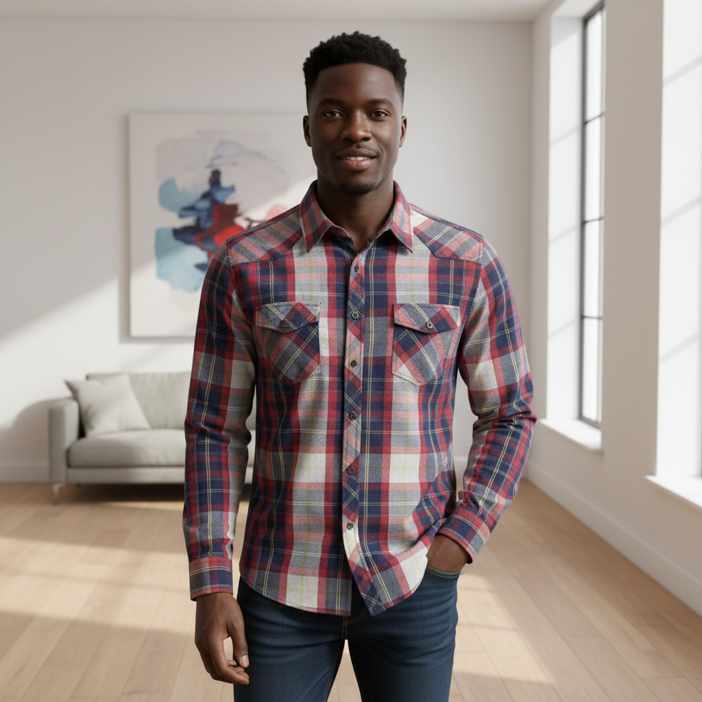 Male model wearing red plaid long sleeve shirt