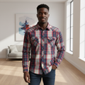 Male model wearing red plaid long sleeve shirt