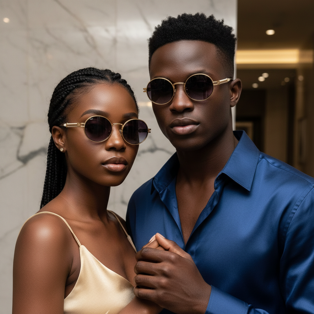 Ornate Round Sunglasses Gold Purple – Unisex Model Shot Together