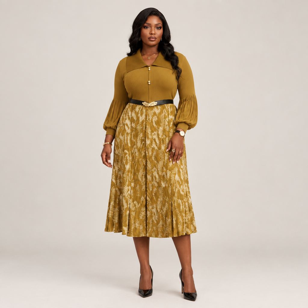 Black Nigerian model wearing a mustard botanical midi gown with puff sleeves and a belted waist