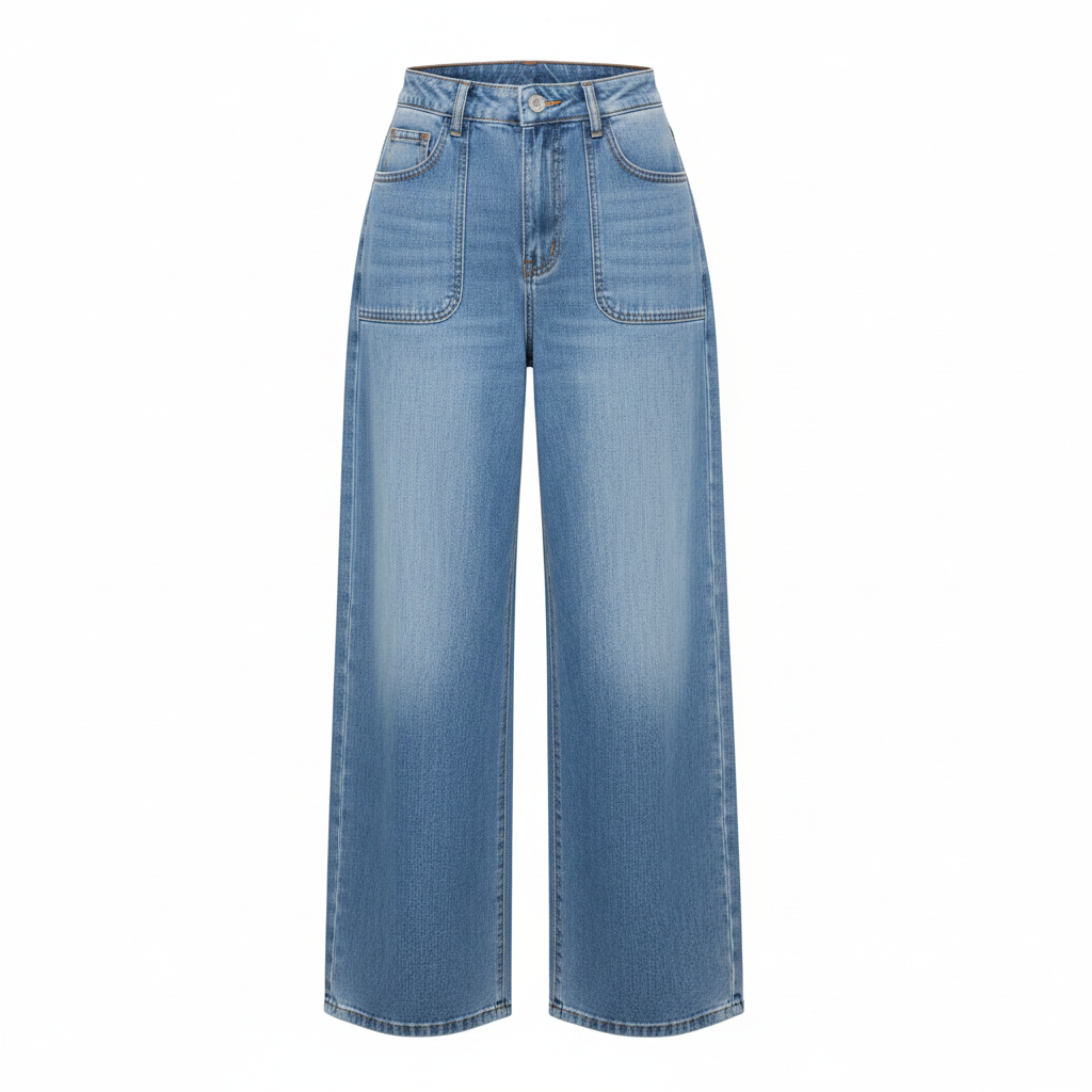 Women's baggy wide-leg denim jeans ghost mannequin front view