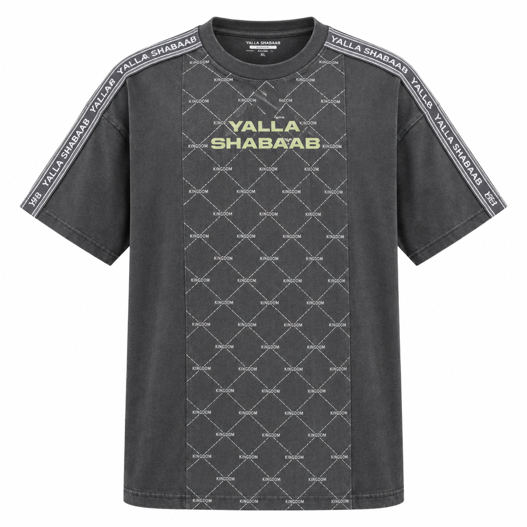 Charcoal diamond-panel graphic T-shirt on white background
