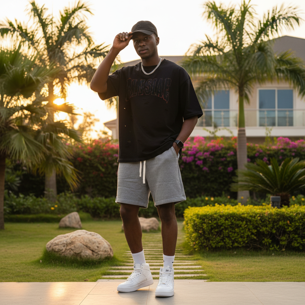 Nigerian male model wearing heather grey minimalist logo patch fleece shorts — full body streetwear shot