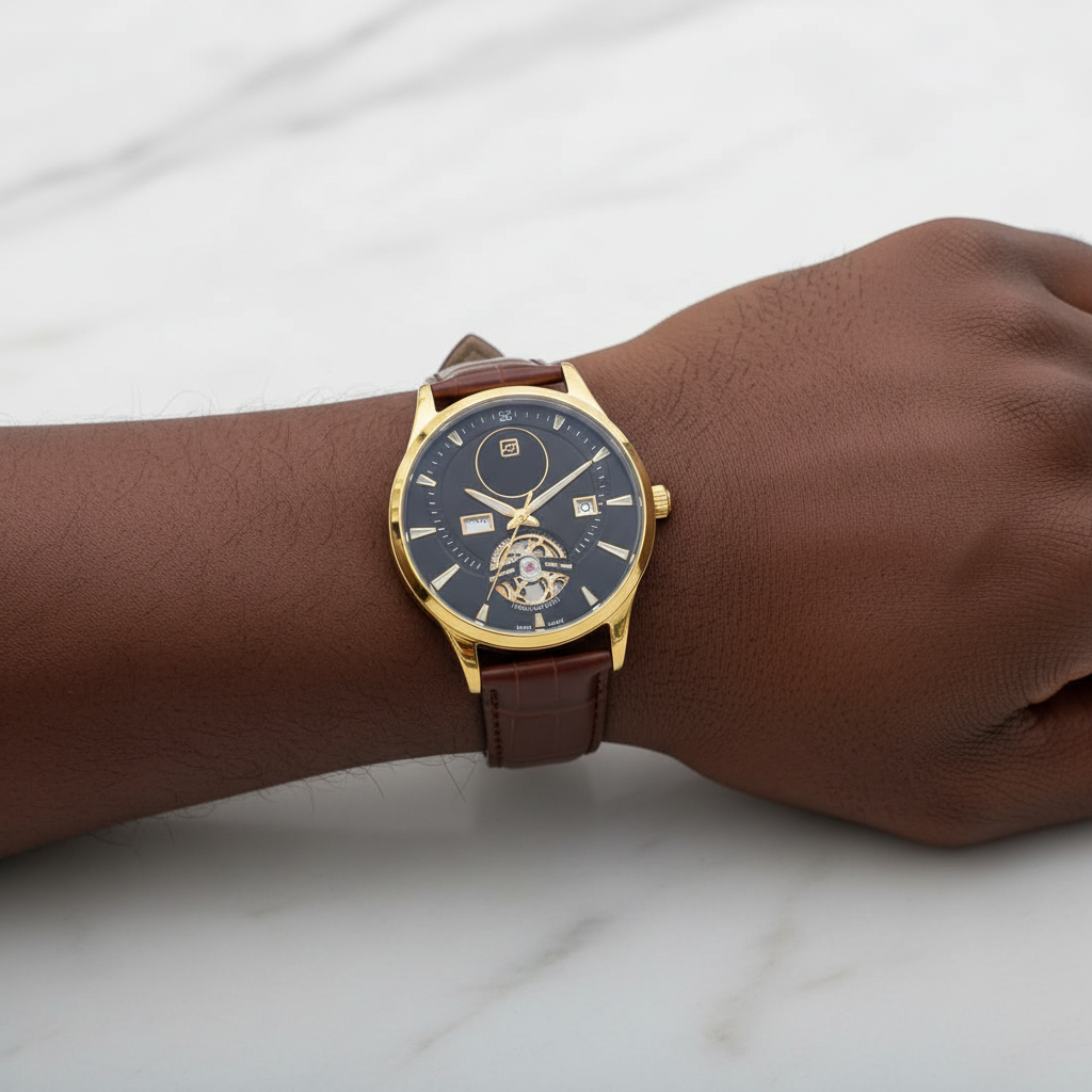 Gold-tone open-heart watch with black dial and brown textured strap worn on a Black man’s wrist