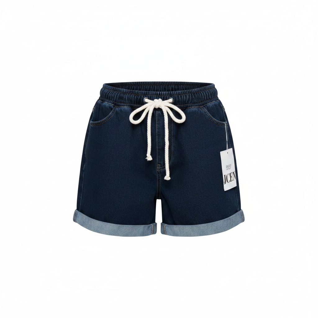 Women's navy blue drawstring cuffed denim shorts ghost mannequin view on white background