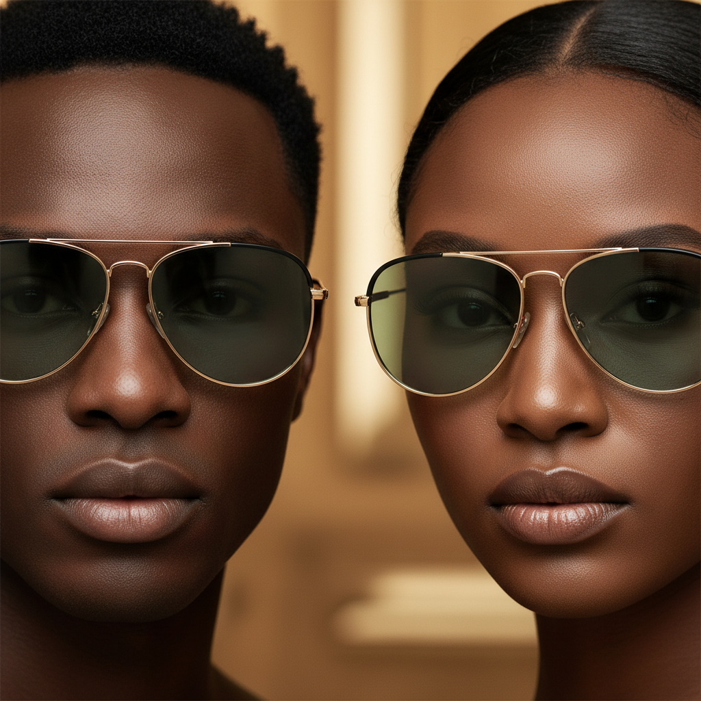 Nigerian male and female models wearing gold double-bridge aviator sunglasses with grey green lens and black temple arms