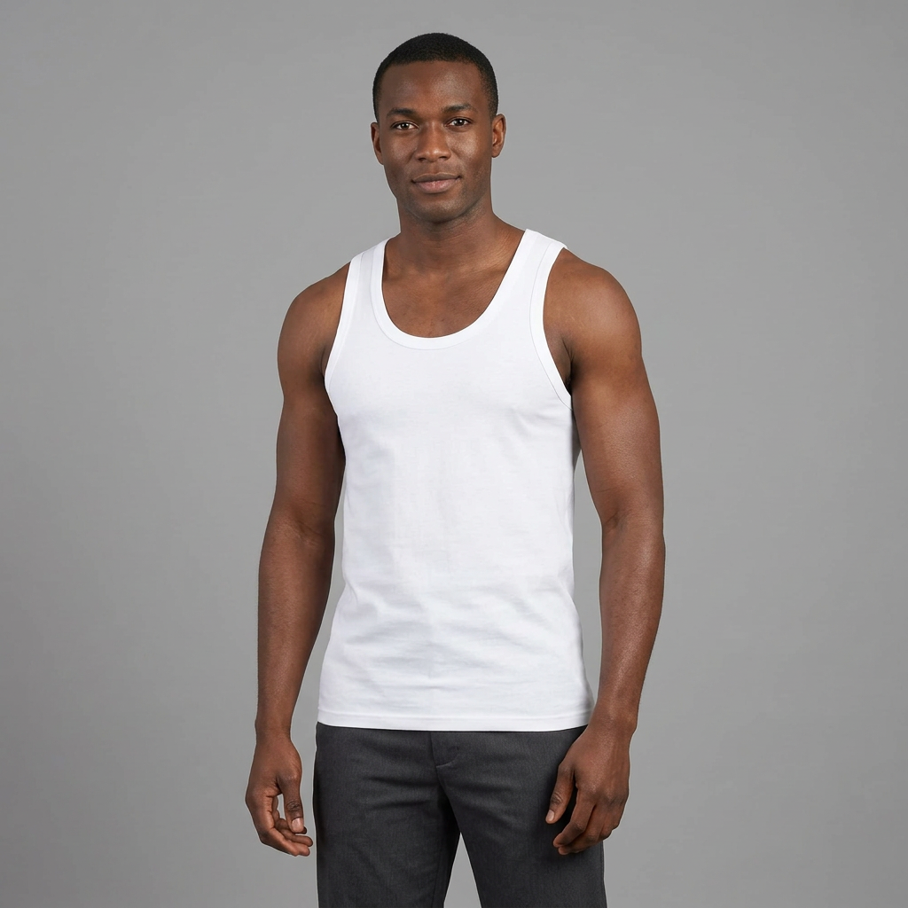 Man wearing white jersey singlet on plain studio background