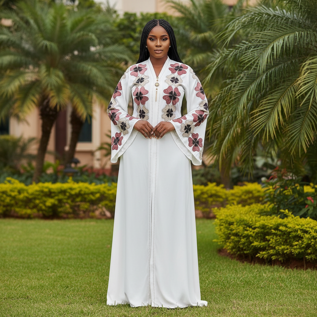 White floral appliqué abaya on Nigerian female model