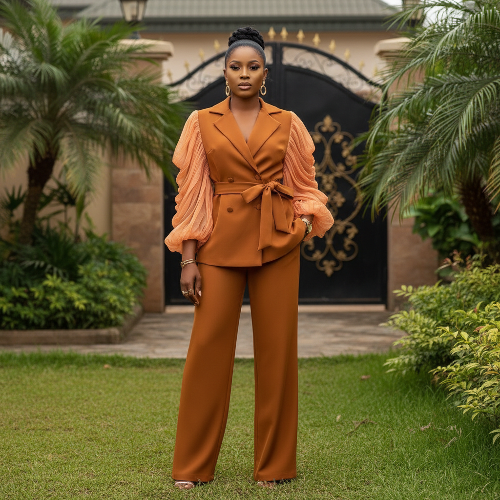 Burnt Orange Ruched Sleeve Peplum Blazer Set - Front Model View