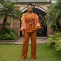 Burnt Orange Ruched Sleeve Peplum Blazer Set - Front Model View