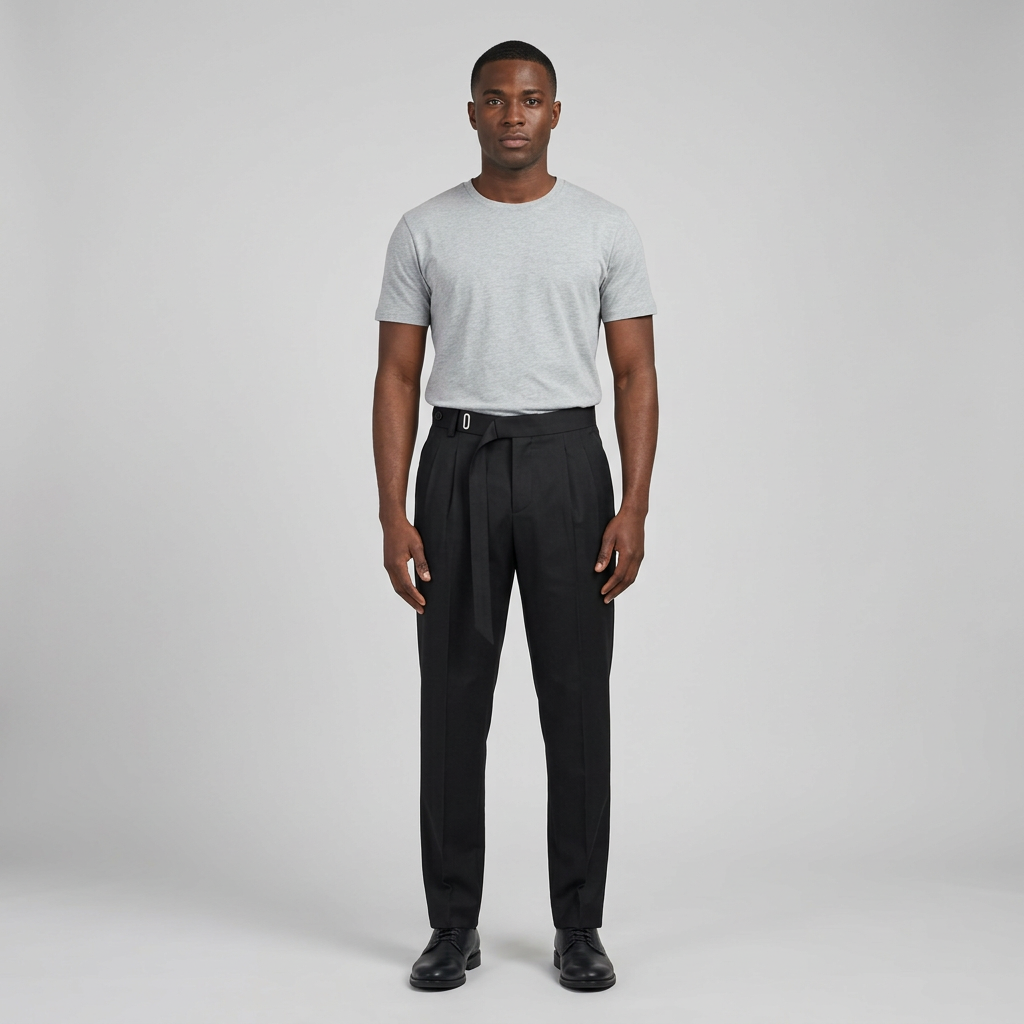 Full-body male model wearing black asymmetric-waist pleated trousers
