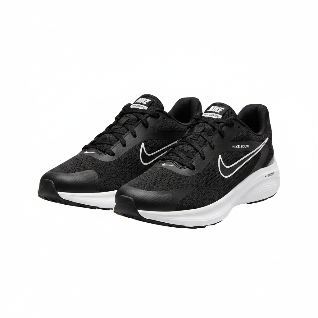 Men's black and white lace-up running sneakers ghost mannequin view