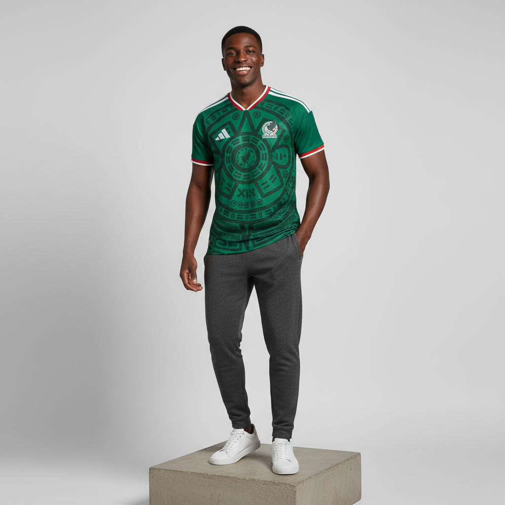 Nigerian male model wearing green Aztec graphic football jersey on concrete plinth