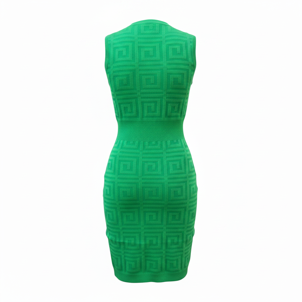 Ghost mannequin back view - green Greek key cutout bodycon dress