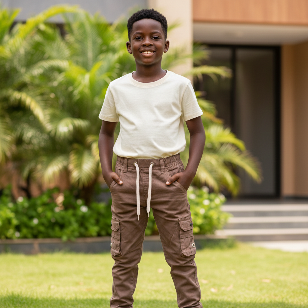Nigerian child model wearing brown cargo jogger pants with side pockets