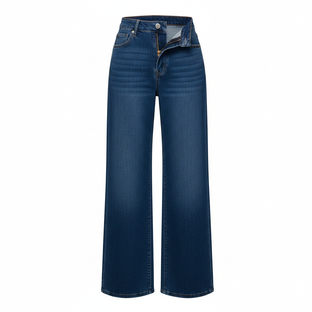 Women's medium blue high-waist wide-leg straight denim jeans on ghost mannequin, white background