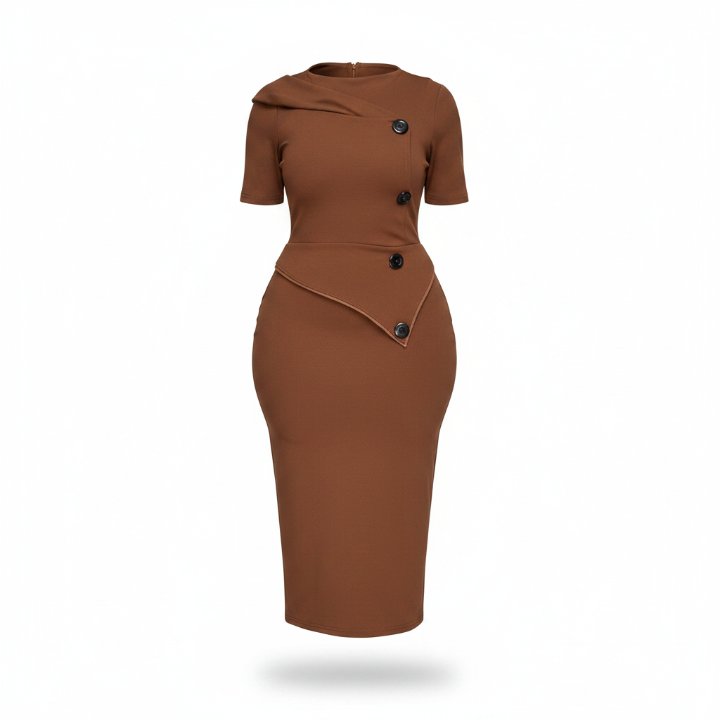 Brown buttoned bodycon midi dress, ghost mannequin