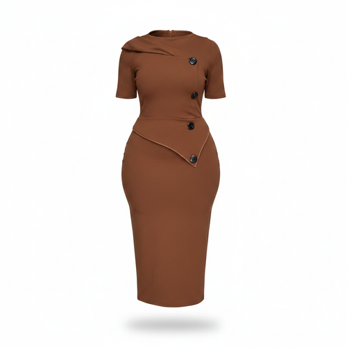 Brown buttoned bodycon midi dress, ghost mannequin