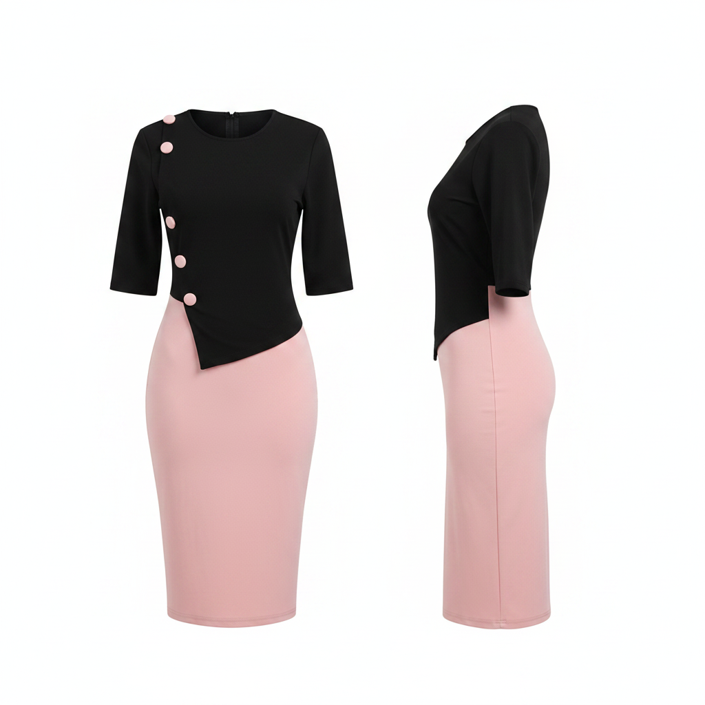 Women's Black & Blush Pink Colour Block Button Midi Dress – Ghost Mannequin Front and Side View