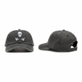 Washed charcoal grey dad cap with skull shaka graphic embroidery ghost mannequin front and rear-side view